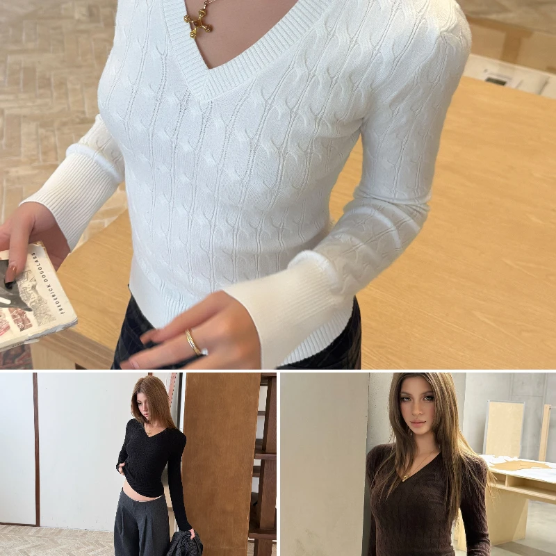 AudwynV领绞花针织上衣女早秋美式复古新款修身显瘦纯色百搭毛衣