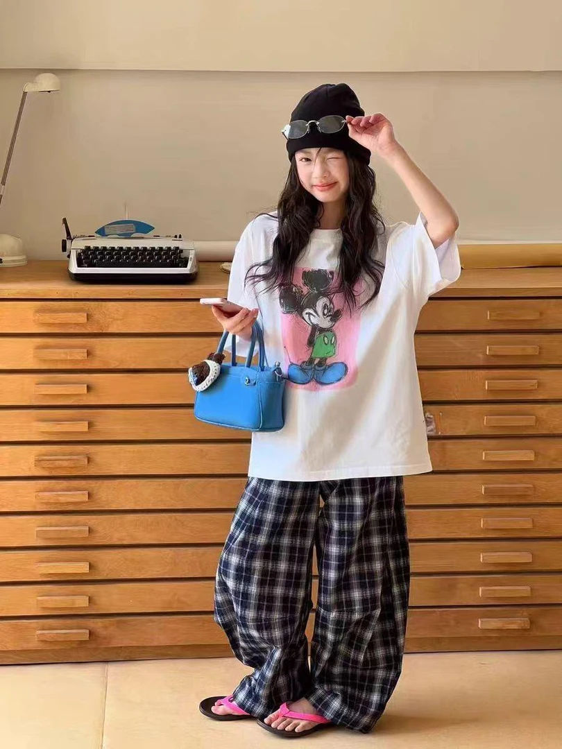女童夏季新款韩版可爱米奇卡通涂鸦纯棉短袖T恤8030
