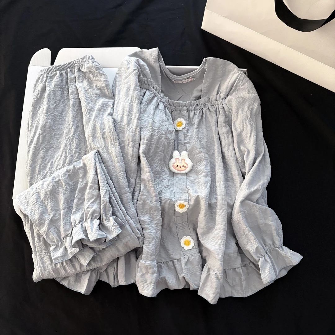 睡衣秋款女带胸垫甜美云朵棉卡通可爱韩版日系ins长袖长裤兔子