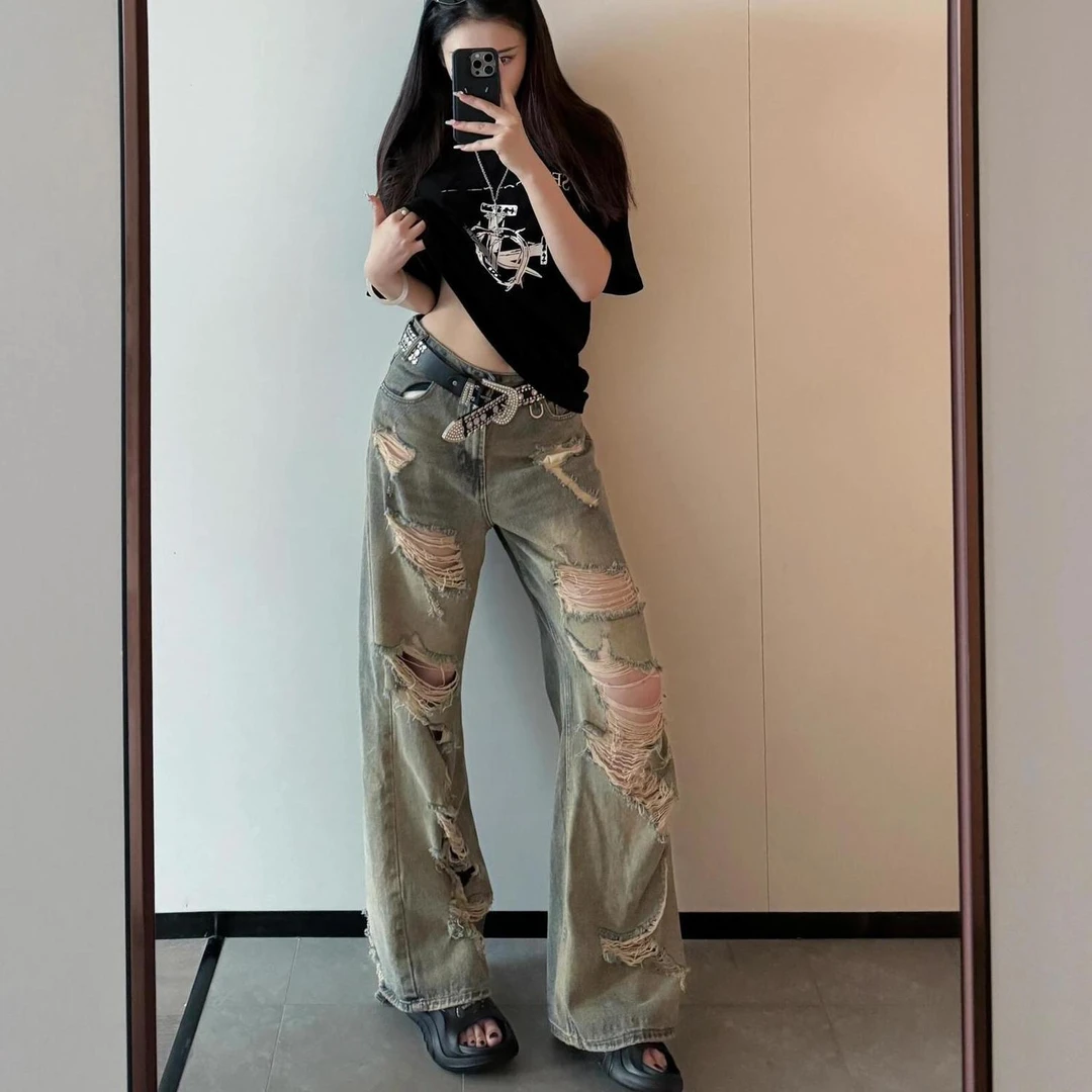 废土做旧复古水洗高街破洞牛仔裤男美式做旧阔腿小众设计感乞丐裤