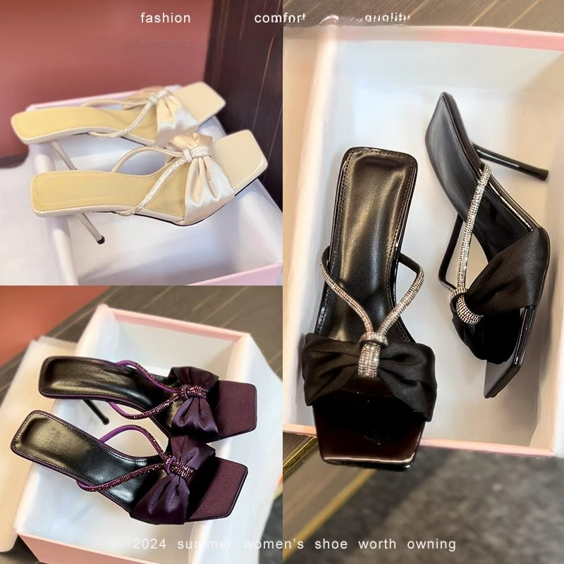 2025年夏季新款方头法式细跟高跟鞋女凉鞋黑色气质女鞋仙女风拖鞋