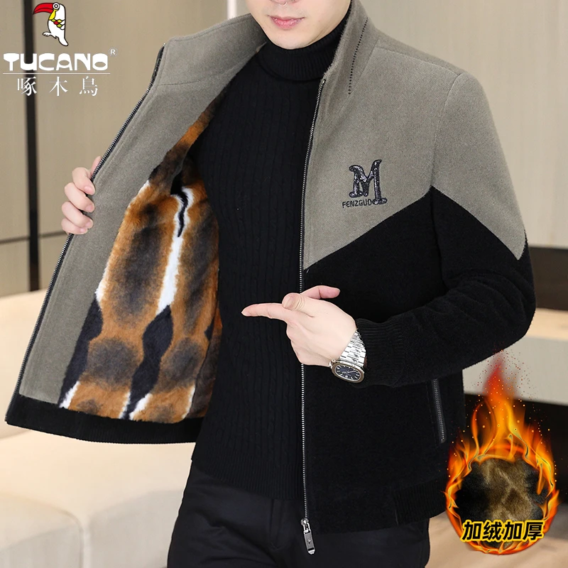 TUCANO/啄木鳥【加绒加厚】冬季休闲呢子立领拉链夹克时尚拼接撞色