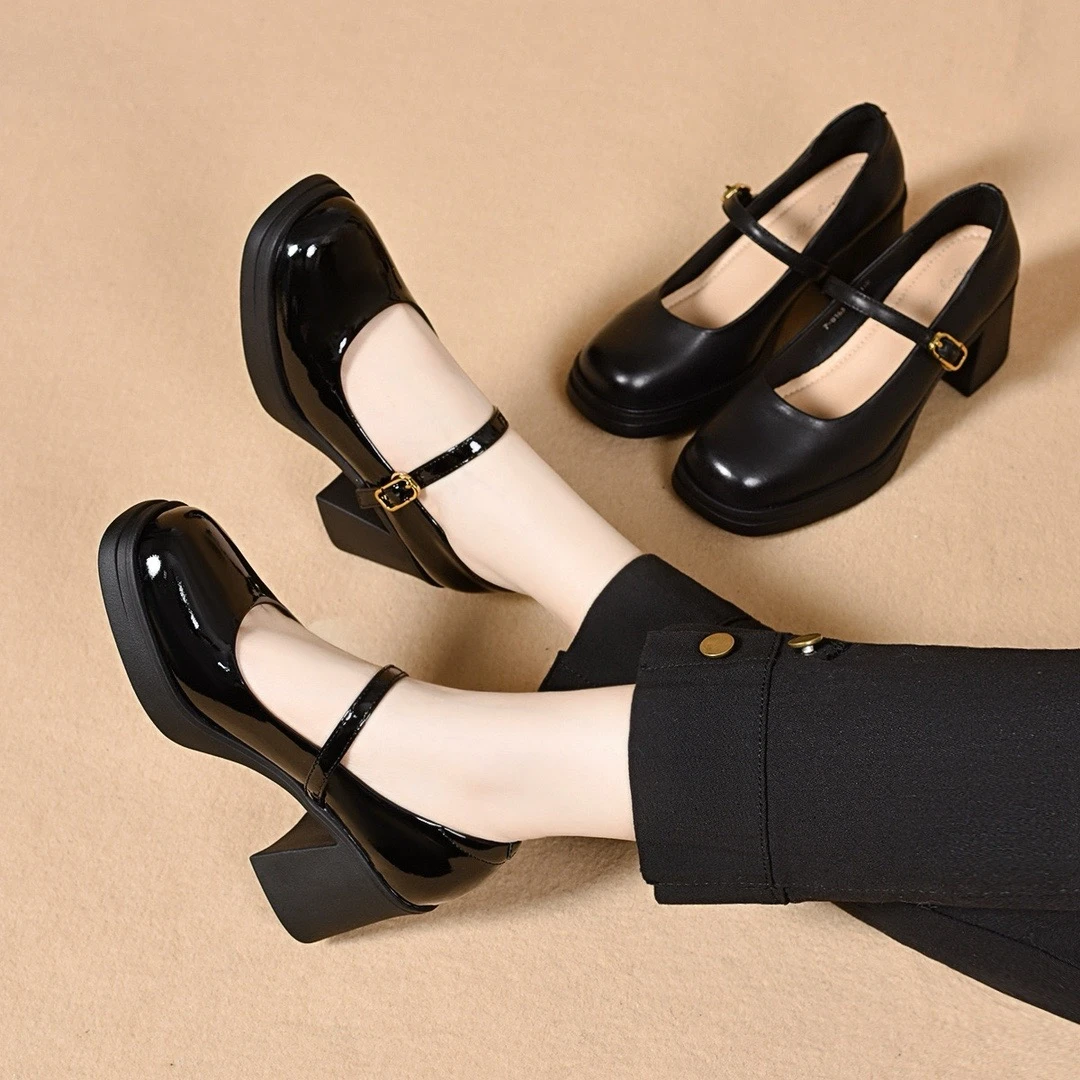 头层牛皮玛丽珍鞋女新款一字扣厚底高跟鞋防水台女鞋浅口粗跟单鞋