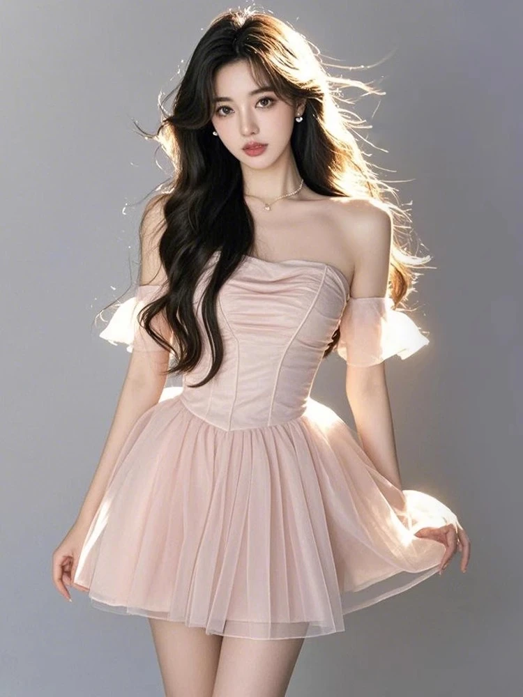 【KEKE】生日party小礼服连衣裙女装夏季纯欲甜美一字肩抹胸公主裙