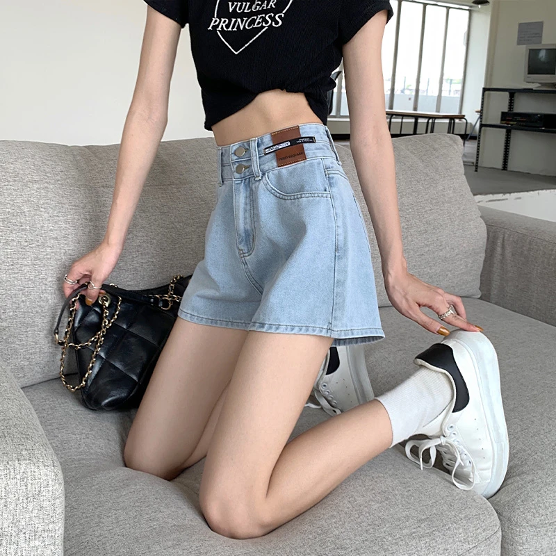 【618】浅蓝色牛仔短裤女高腰夏季薄款大码宽松显瘦遮肚a字阔腿热裤