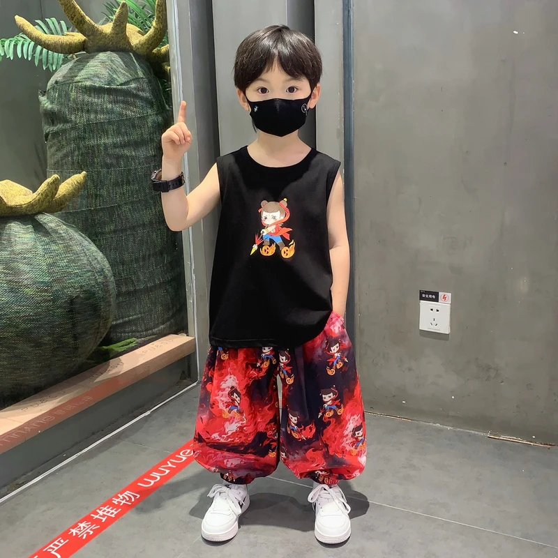 哪吒儿童服装2025新款男童夏季套装潮酷男孩背心男宝防蚊裤两件套
