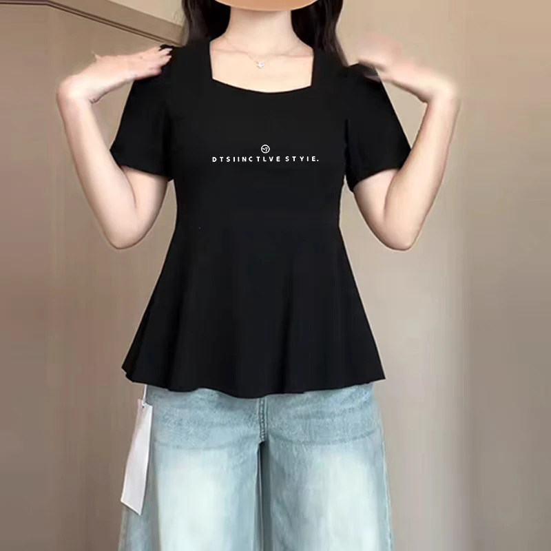 正肩t恤女短袖简约方领黑色胖mm大码女装显瘦宽松遮肚子褶皱上衣