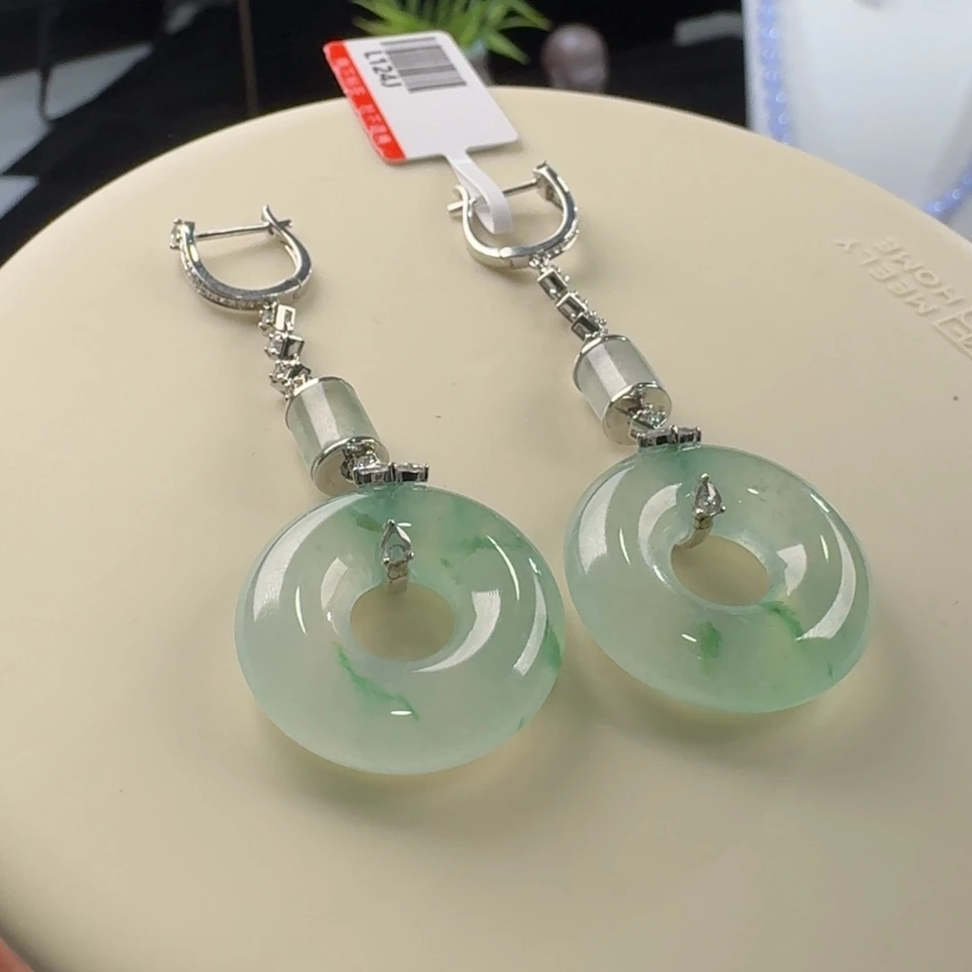 翡翠耳饰18K金镶嵌冰飘绿花耳坠