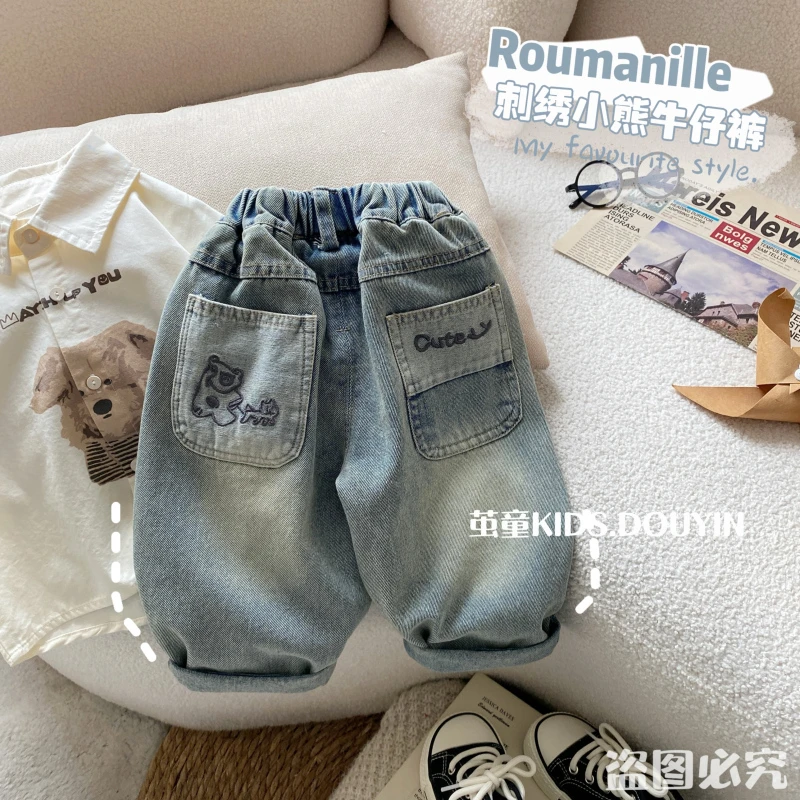 【麦麦妈】C096春秋小童刺绣小熊牛仔裤春季新品男女宝休闲百搭