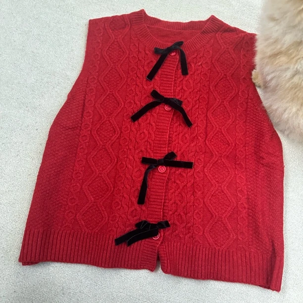 丸子姐姐冬季新品/蝴蝶结红色针织马甲