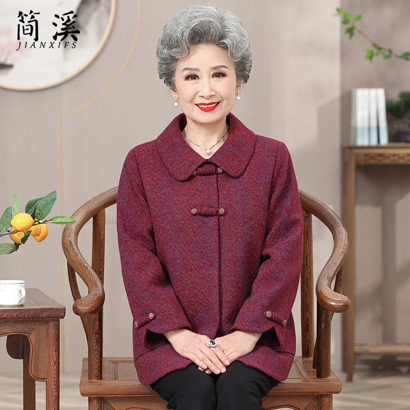 老年人秋装女奶奶毛呢外套老太太老人衣服妈妈装秋季高档呢子上衣