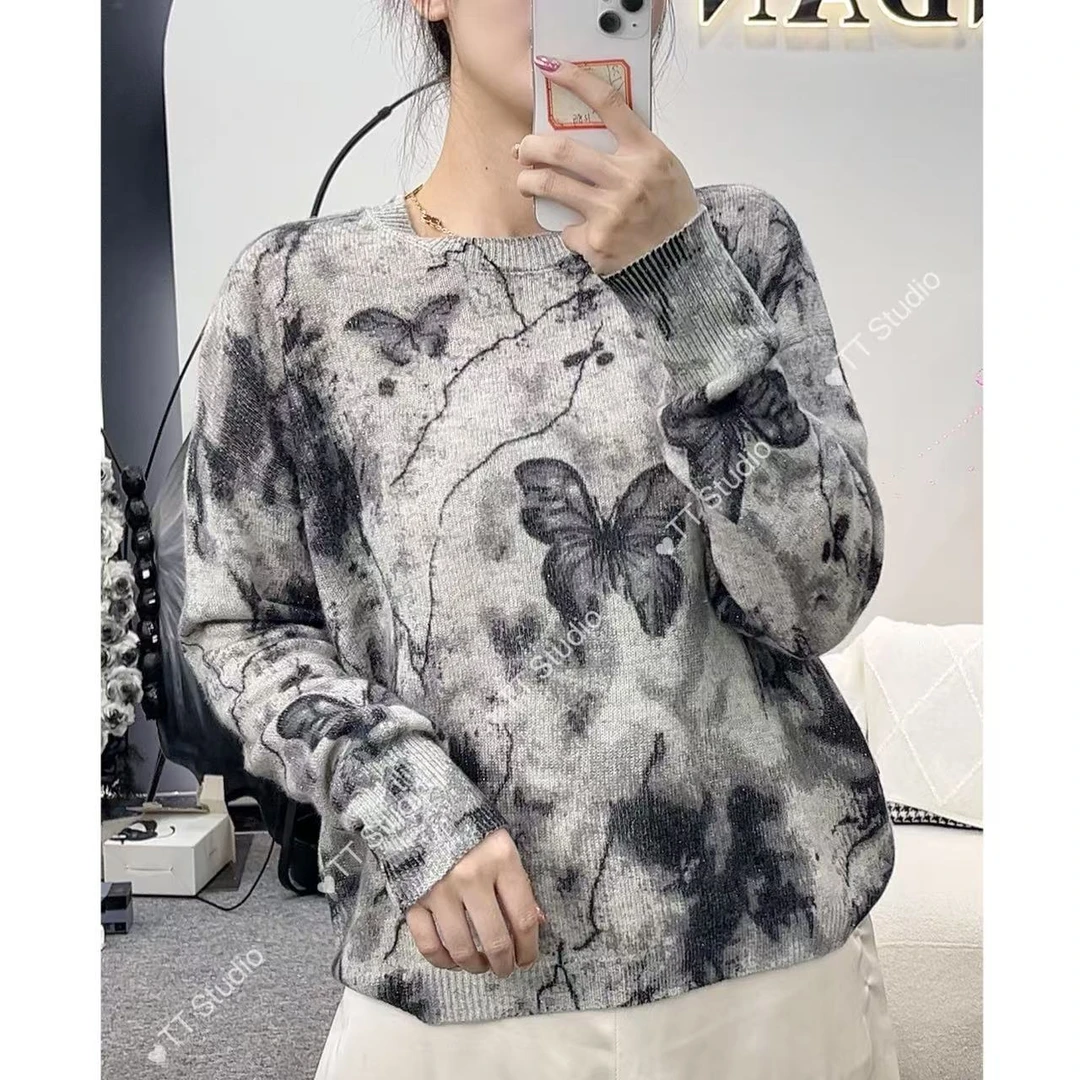 TT家/水墨蝴蝶/100羊毛水墨风圆领套头女秋冬季气质感针织衫