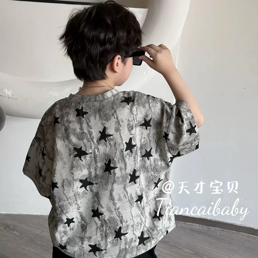 儿童短袖上衣男童夏季星星圆领短袖T恤儿童潮酷美式街头半袖t时尚