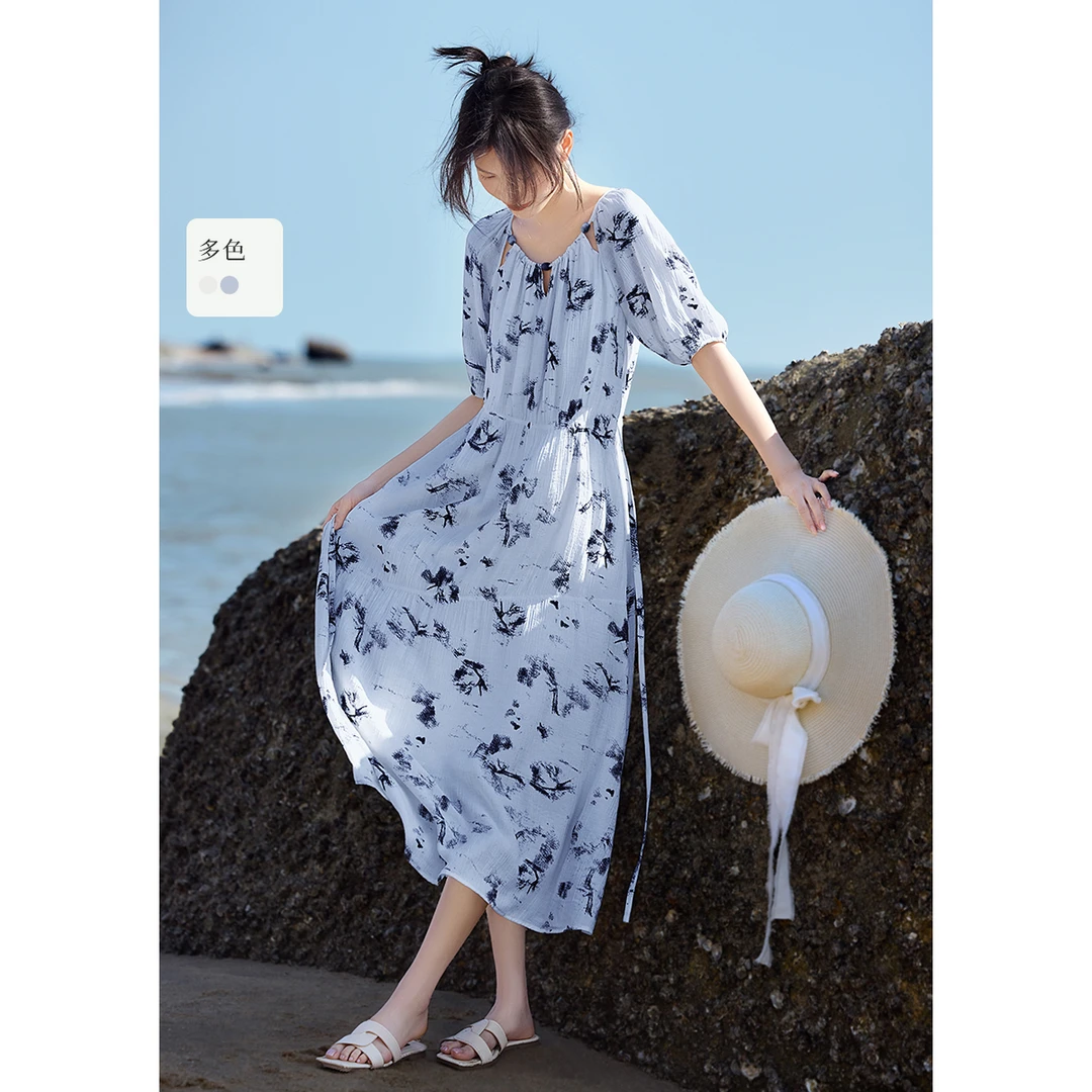 XWI/欣未烟云墨染肌理感连衣裙2025春季新款设计感串珠连衣裙1900