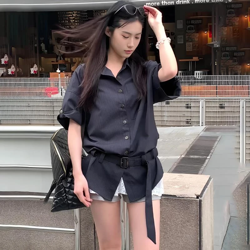 DEE带腰带口袋纽扣衬衫显瘦气质上衣休闲百搭衬衣女