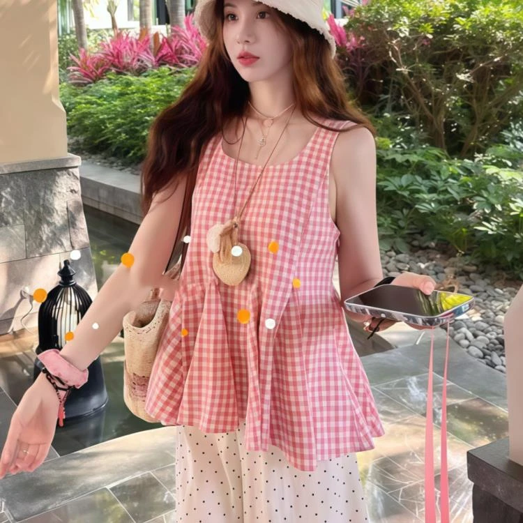 ♥格格仙巫~韩系夏季甜美法式收腰显瘦设计感格纹吊带背心百搭上衣