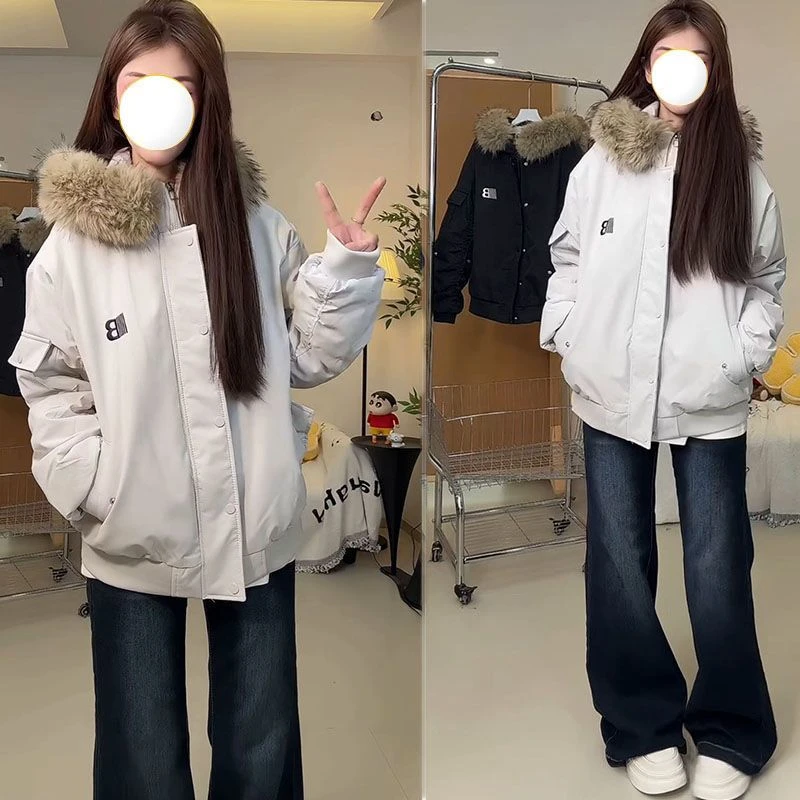 加绒可拆毛领连帽外套美式工装女秋冬派克服情侣加厚保暖夹克棉衣