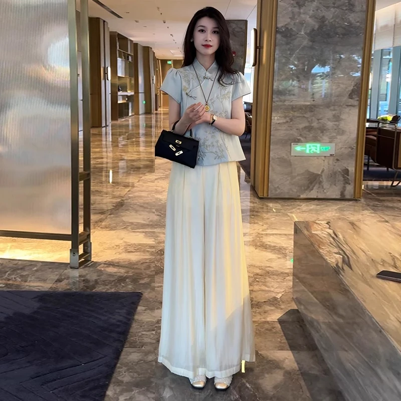 新中式国风套装女夏季新款时尚气质立领盘扣短袖衬衣阔腿裤两件套