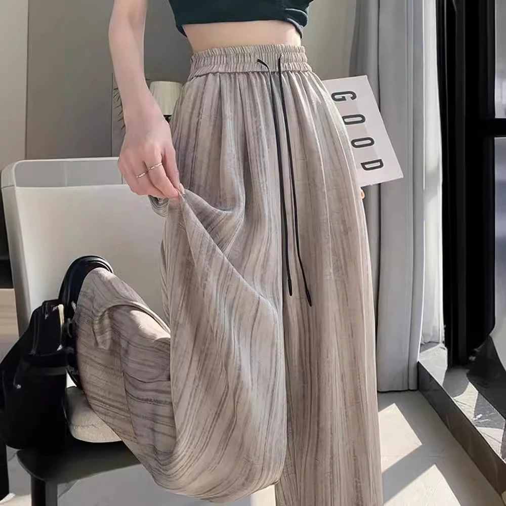 水墨画条纹缎面脏脏冰丝阔腿裤女夏季慵懒风直筒拖地垂感休闲裤子