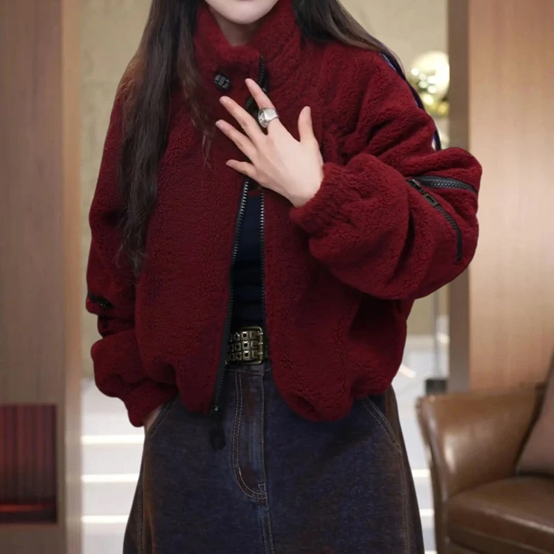 韩版欧货设计感毛毛短外套女秋冬松弛慵懒显瘦保暖拉链立领上衣