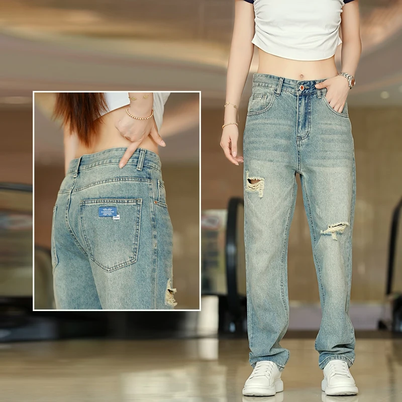 2025夏季男士牛仔裤窄版高街港风复古怀旧破洞宽松直筒长裤牛仔裤
