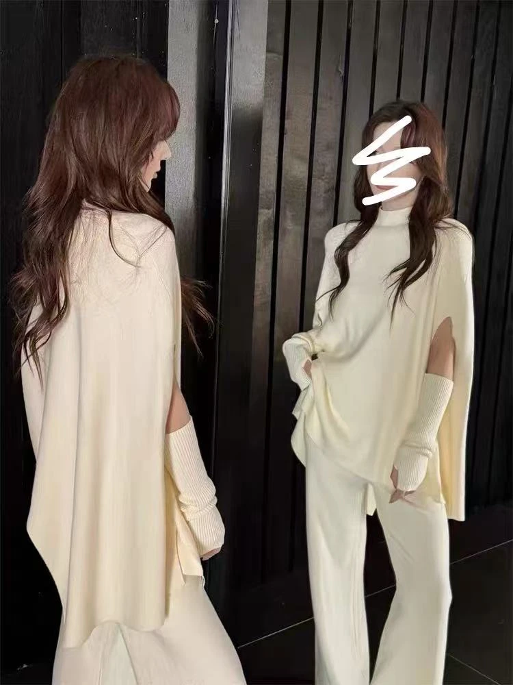 【大脸】设计感慵懒风高级感蝙蝠衫套装上衣＋袖套＋阔腿裤三件套609