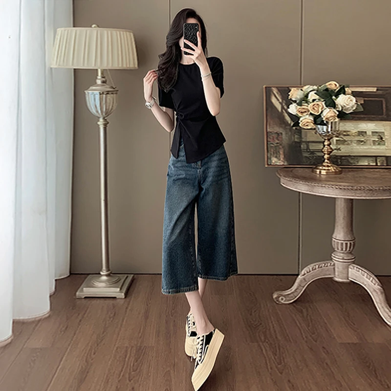 女夏穿搭时尚气质套装圆领不规则开叉设计短袖阔腿牛仔中裤两件套