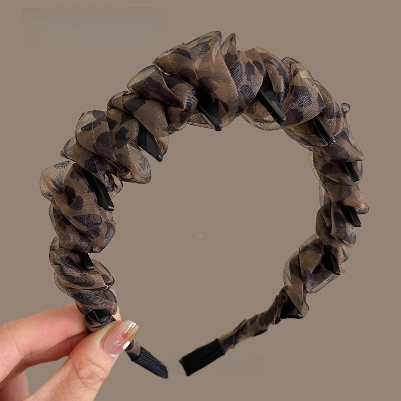 覆古豹纹齿梳发箍网纱高颅顶显脸小头箍遮发缝碎发整理髲夹头发器