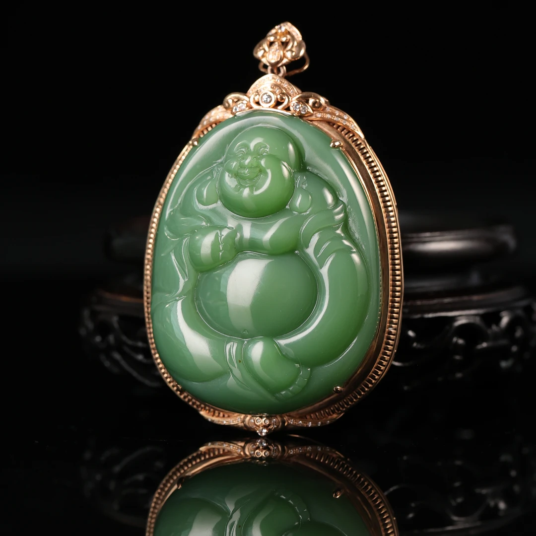 和田玉碧玉18K镶嵌弥勒佛挂坠2509020507
