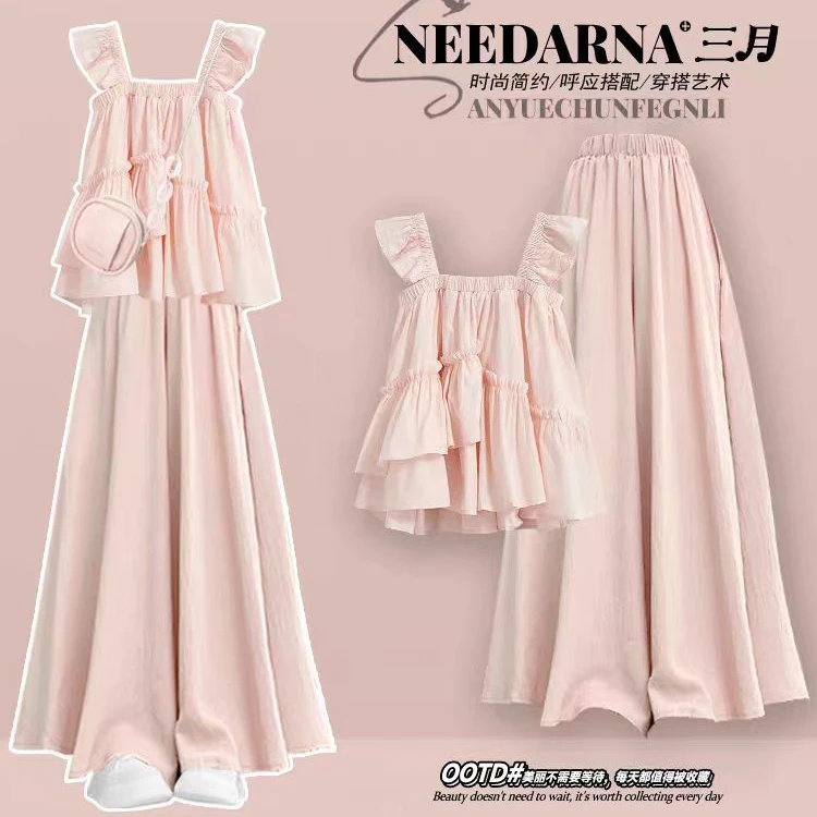 2025多巴胺夏季衣服甜美不规则小飞袖娃娃衫垂感阔腿裤裙两件套装