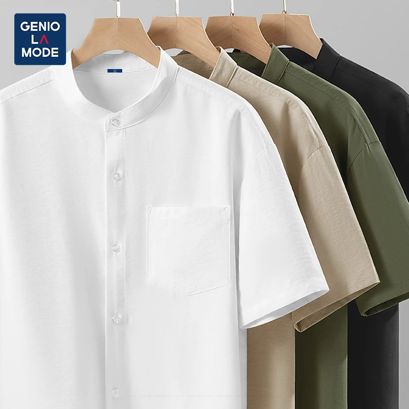 GENIOLAMODE立领衬衫男2025新款宽松仿麻夏季舒适半袖休闲衬衣男
