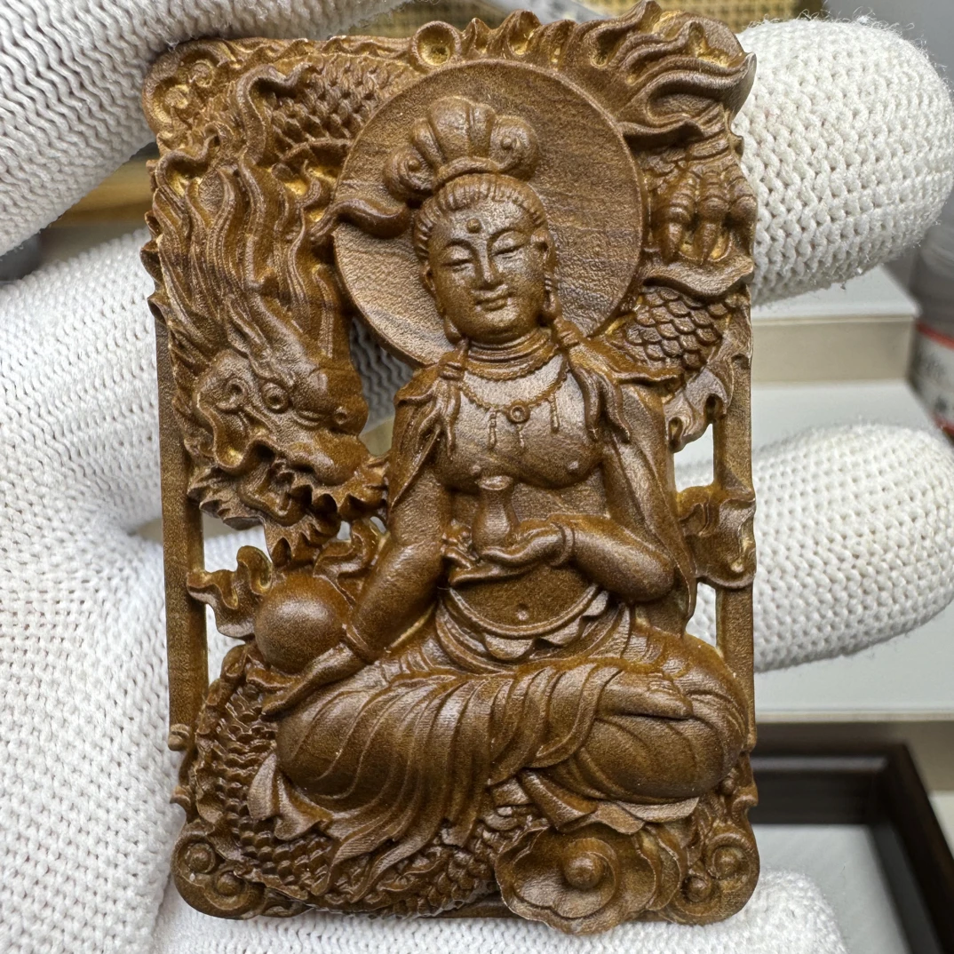 老山檀香黑肉御龙观音4*6*1mm双面精工雕刻天然挂件