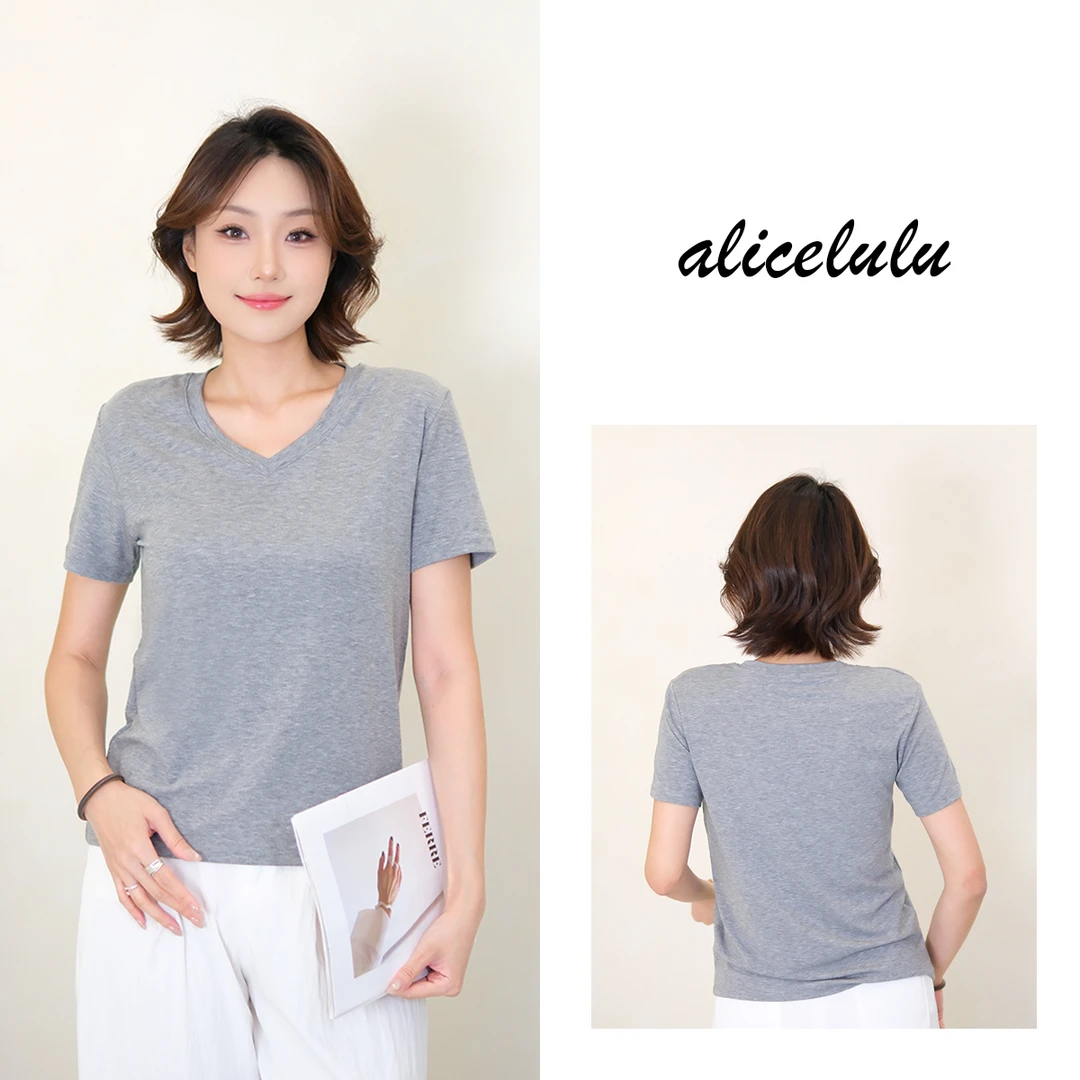1alicelulu 小清新纯色V领基础款短袖T恤宽松显瘦 S2143518K