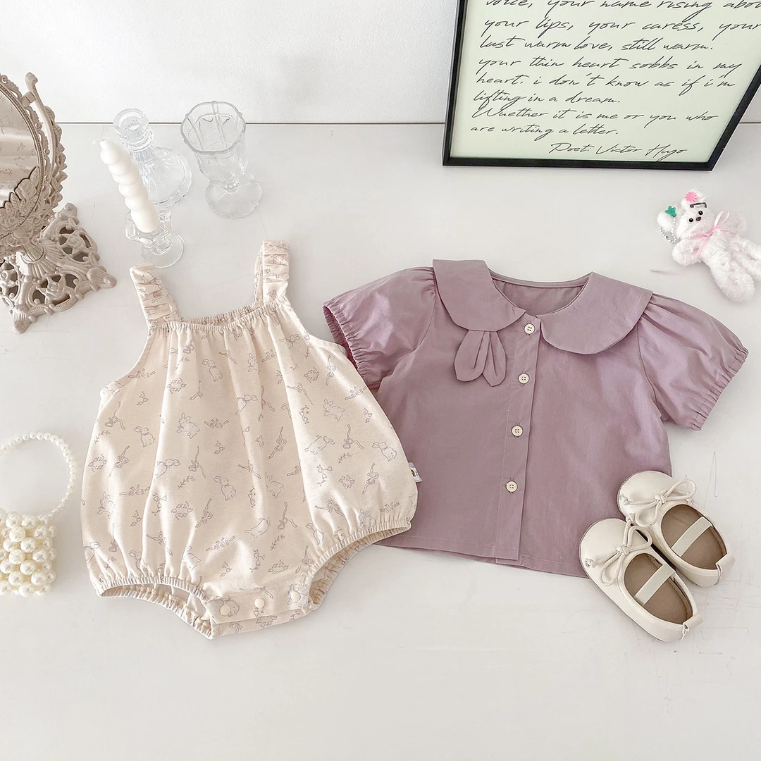 夏季套装婴幼儿连体衣可爱兔子印花吊带包屁衣棉布衬衫两件套