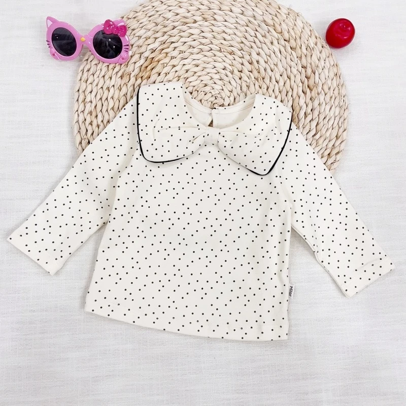 米乐熊女童秋季【波点】蝴蝶结大领子T恤打底衫7007