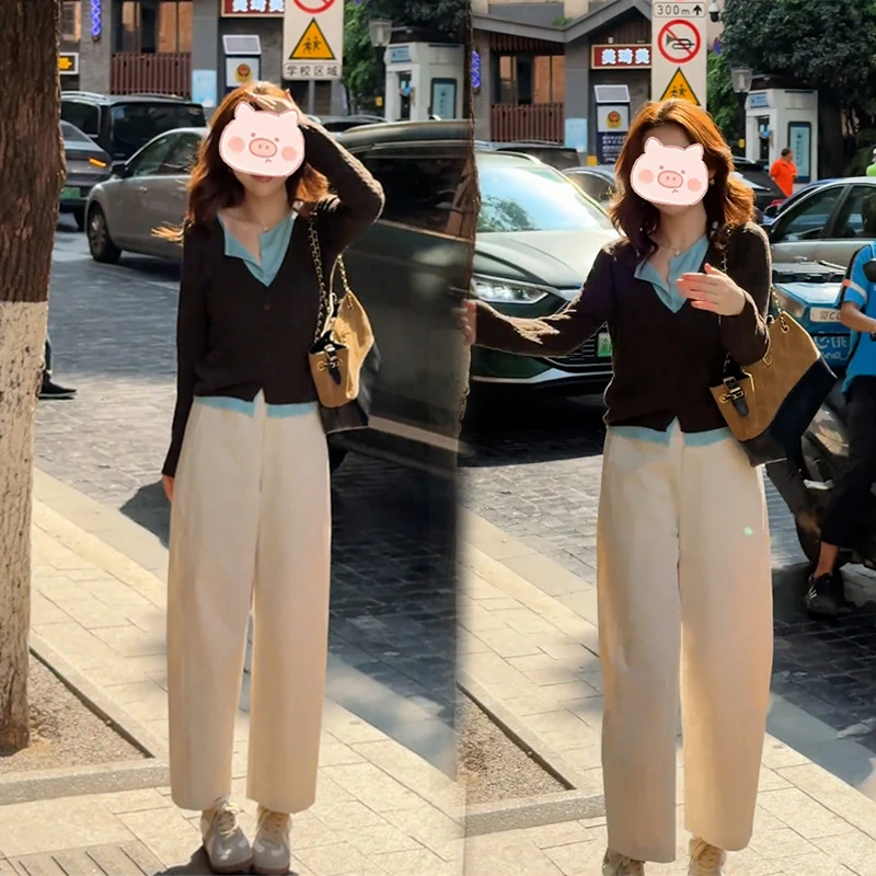 秋季韩系穿搭新款套装假两件设计上衣短袖搭配宽松显瘦直筒裤套装