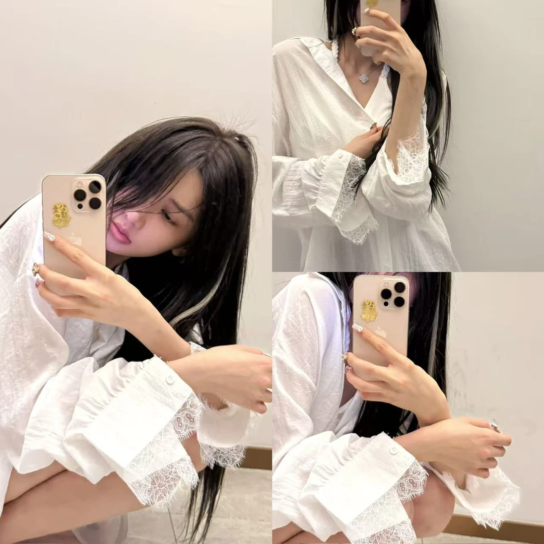 (浠儿家)新款白衬衫后背拼接睫毛蕾丝休闲外套