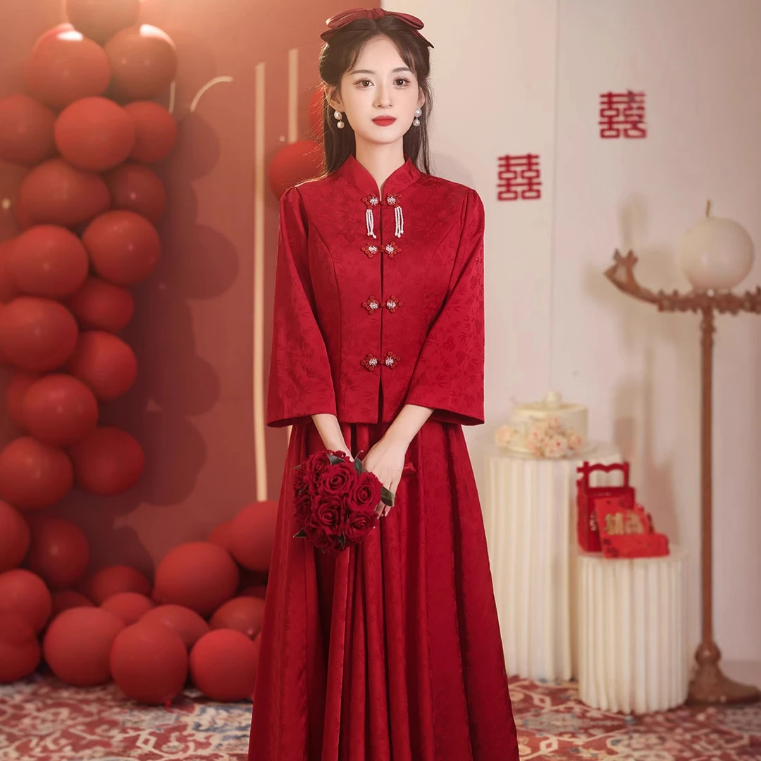 新中式敬酒服新娘2025新款长袖旗袍长款复古订婚礼服连衣裙套装