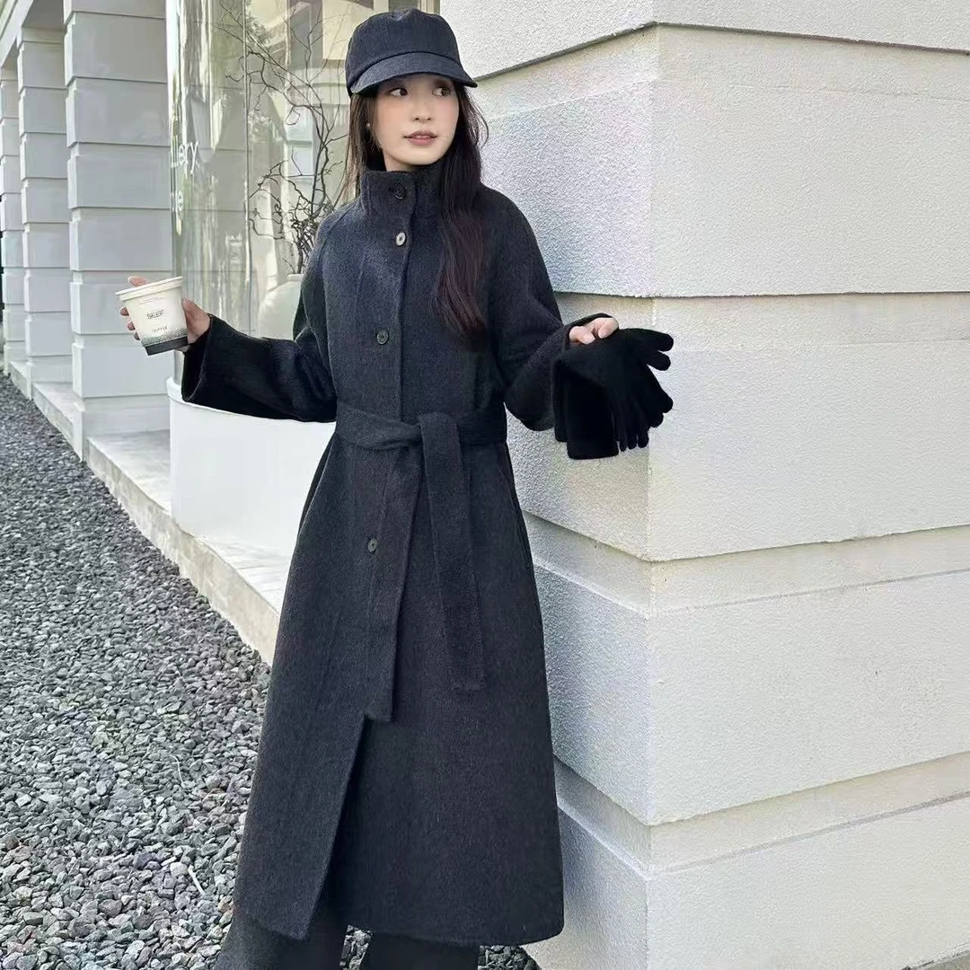 2025秋冬新款立领双面羊毛大衣气质时尚百搭长款系带毛呢外套女