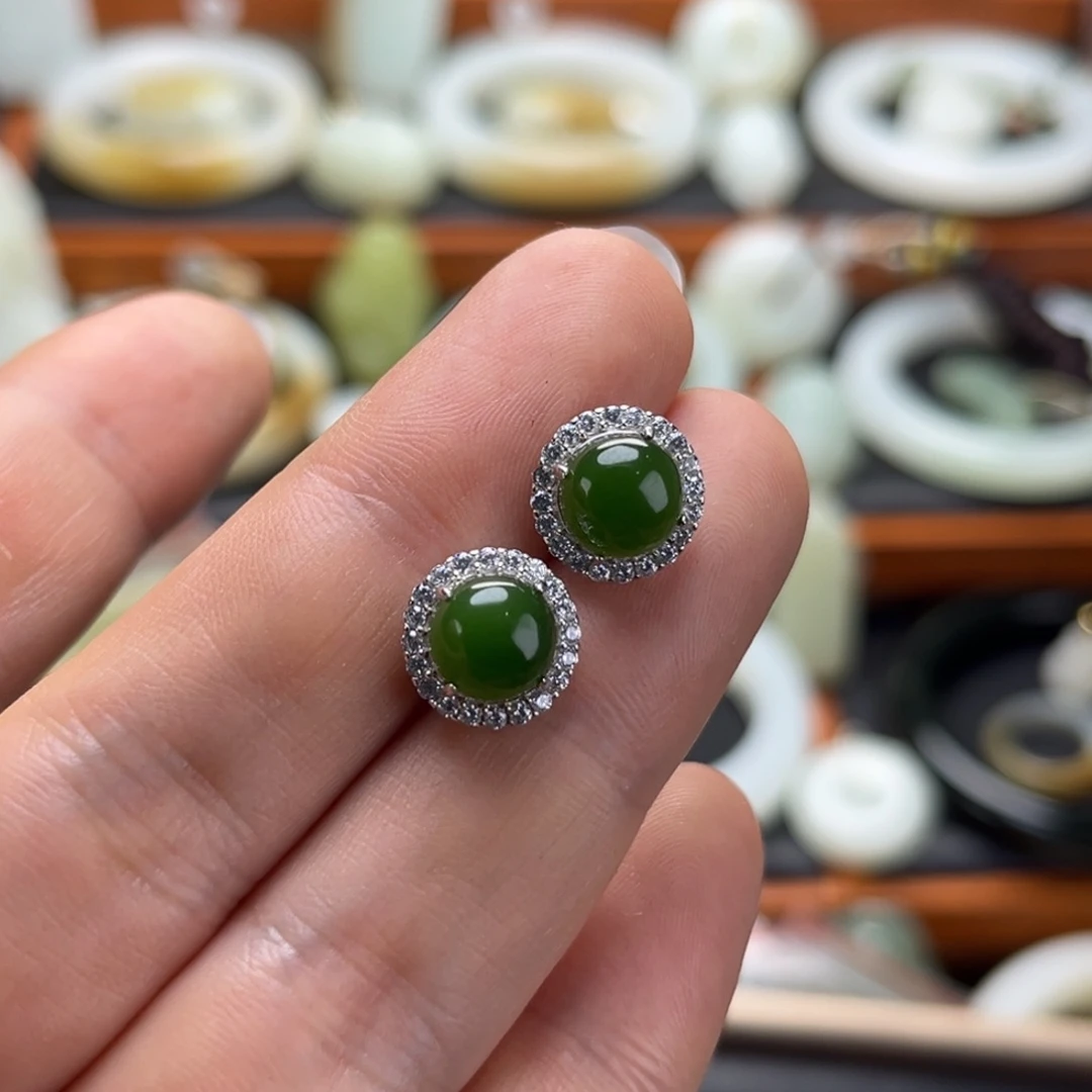 和田玉银S925镶嵌耳饰8