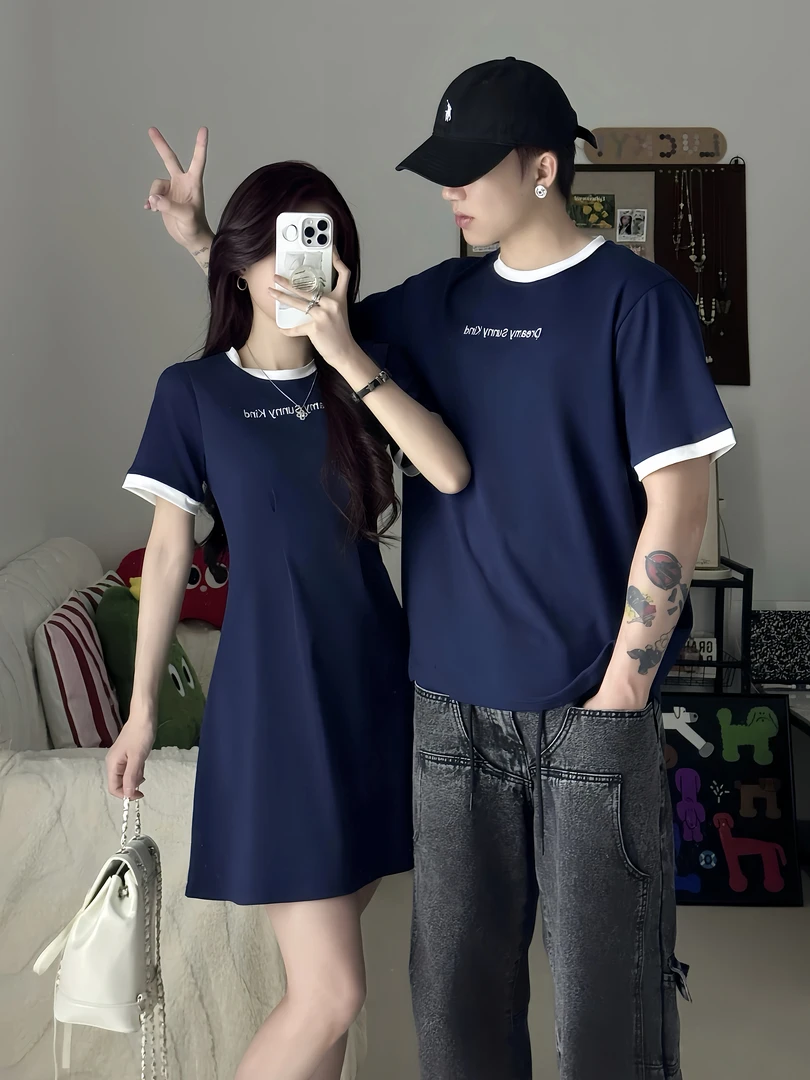 情侣装夏季学院风拼接韩版收腰女连衣裙男短袖T恤一裙一衣