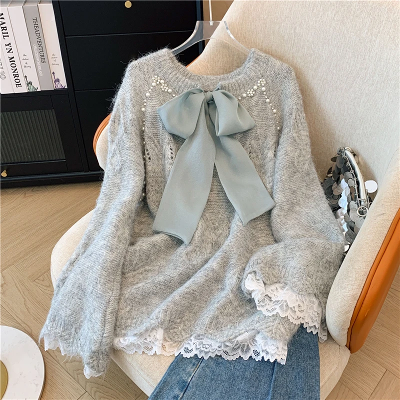法式蝴蝶结钉珠蕾丝边设计感毛衣女2025秋冬新款高级感显瘦针织衫