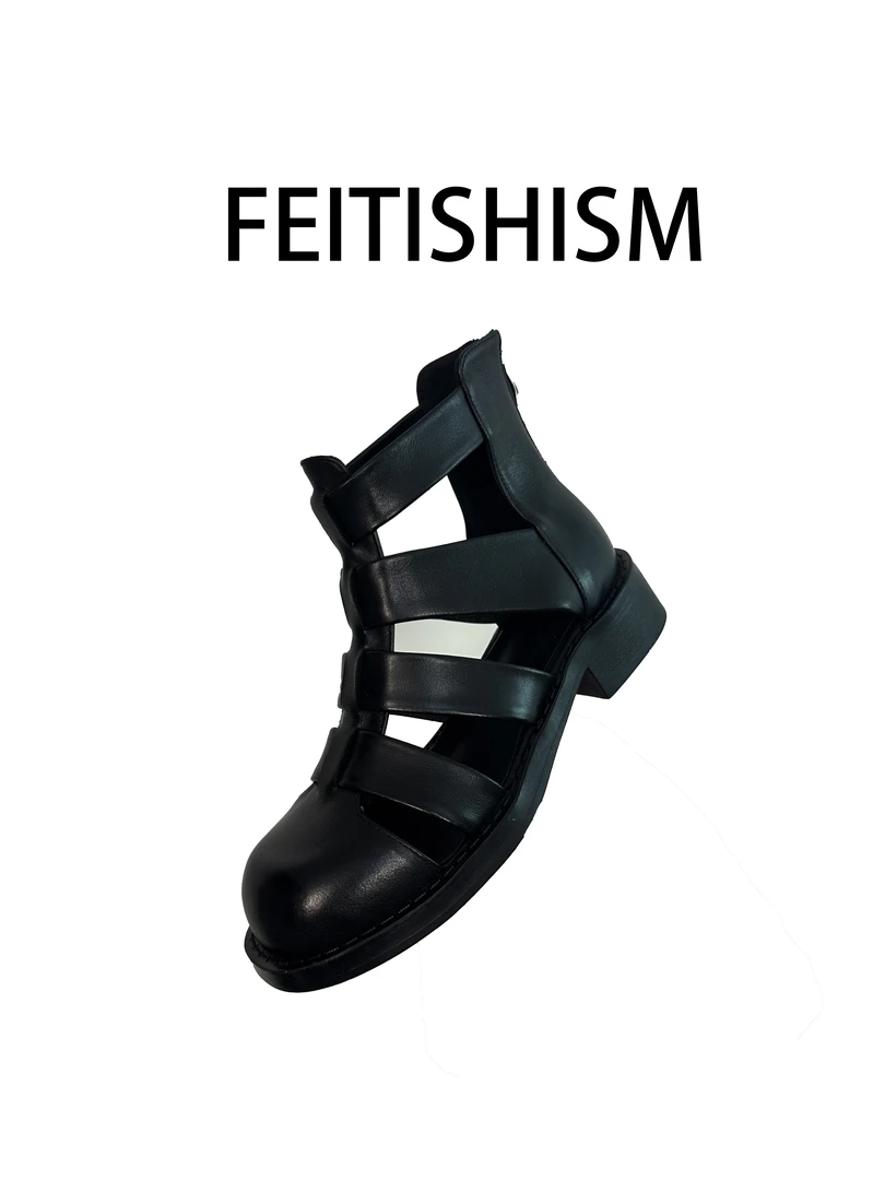 FEITISHISM凉鞋女2025夏季新款真皮平底短靴镂空编织马丁鹅头凉靴