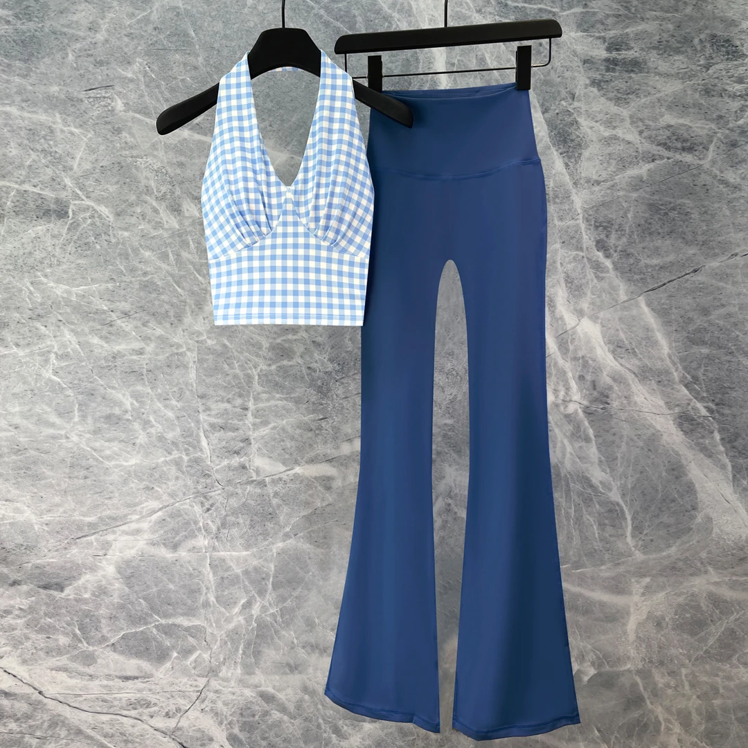 瑜伽服套装女运动内衣防震聚拢瑜伽普拉提训练格子挂脖一体式文胸