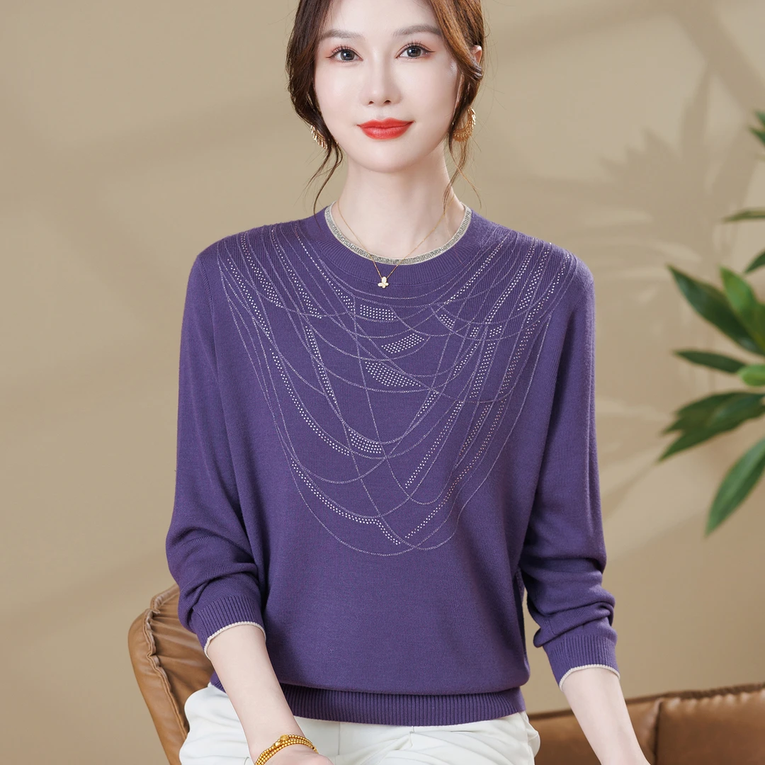 妈妈洋气减龄针织上衣中年女装春秋装宽松毛衣中老年遮肚子打底衫