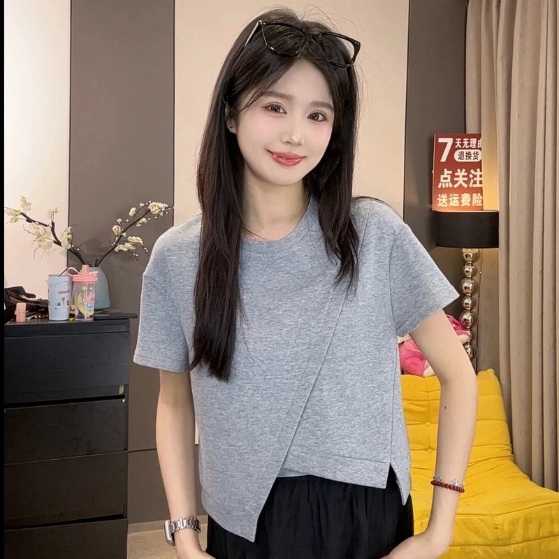 2025新款爆款夏季灰色圆领开叉正肩短袖t恤宽松2025流行小众女装
