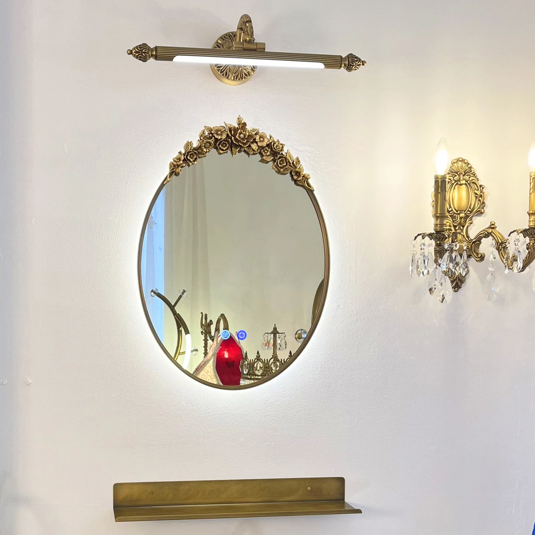 黄铜法式椭圆镜复古镜子家用智能浴室镜化妆镜壁挂美式餐边玄关镜