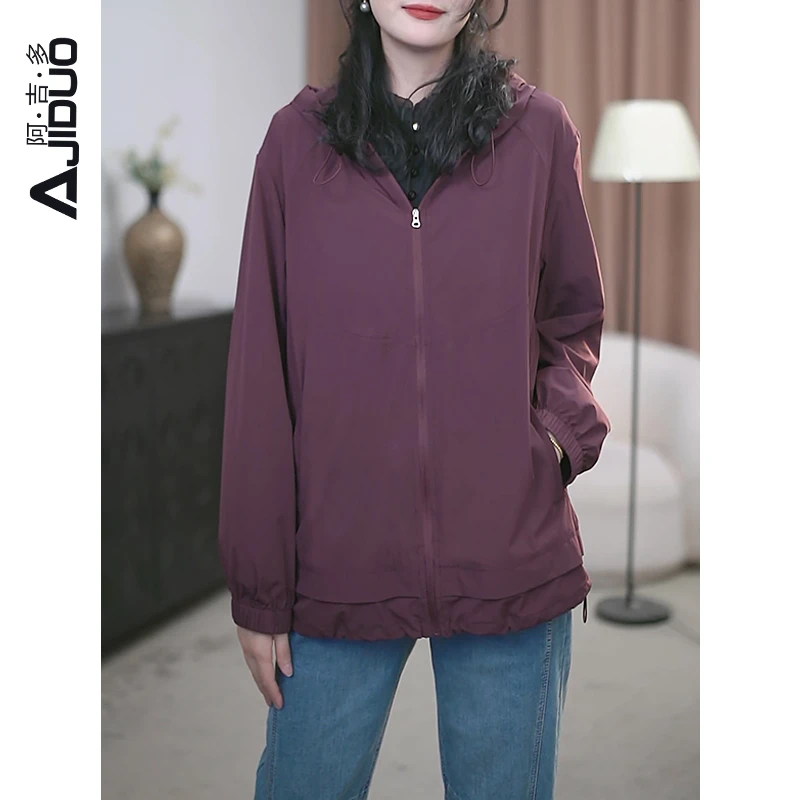 阿吉多A21219时尚连帽长袖短款外套女款春夏简约气质大码冲锋衣