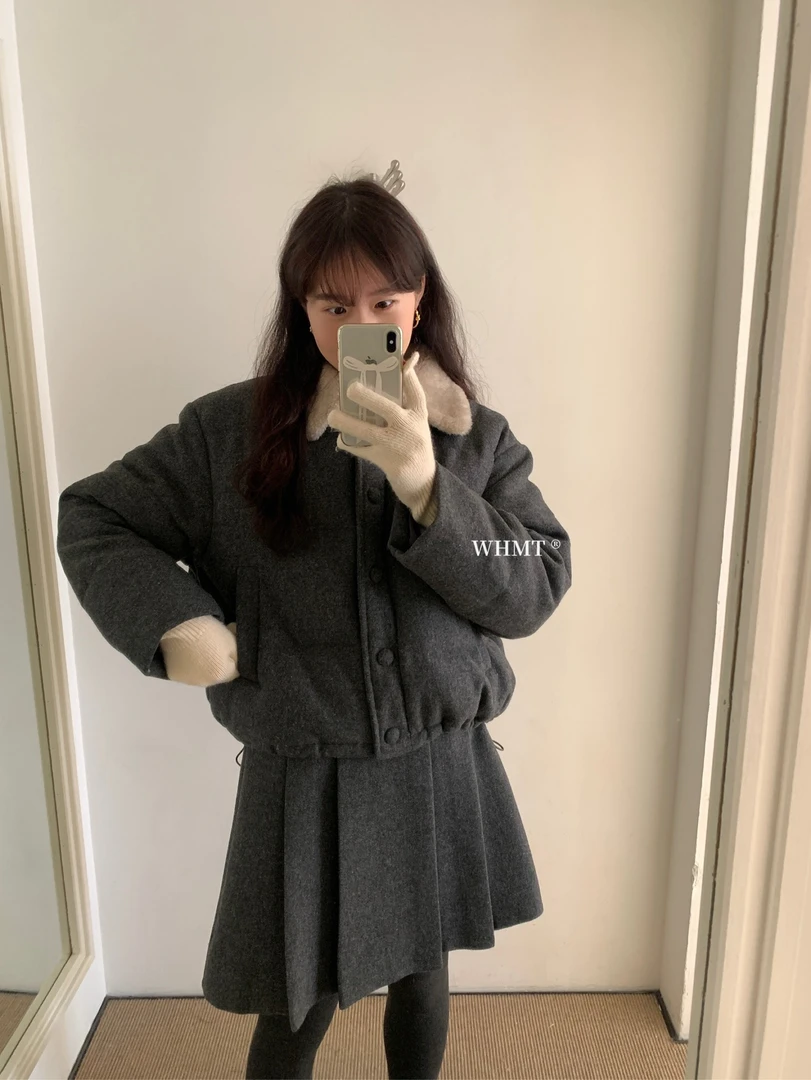 恩熙·韩版撞色毛翻领拼接羊毛呢外套百褶半身裙套装6193