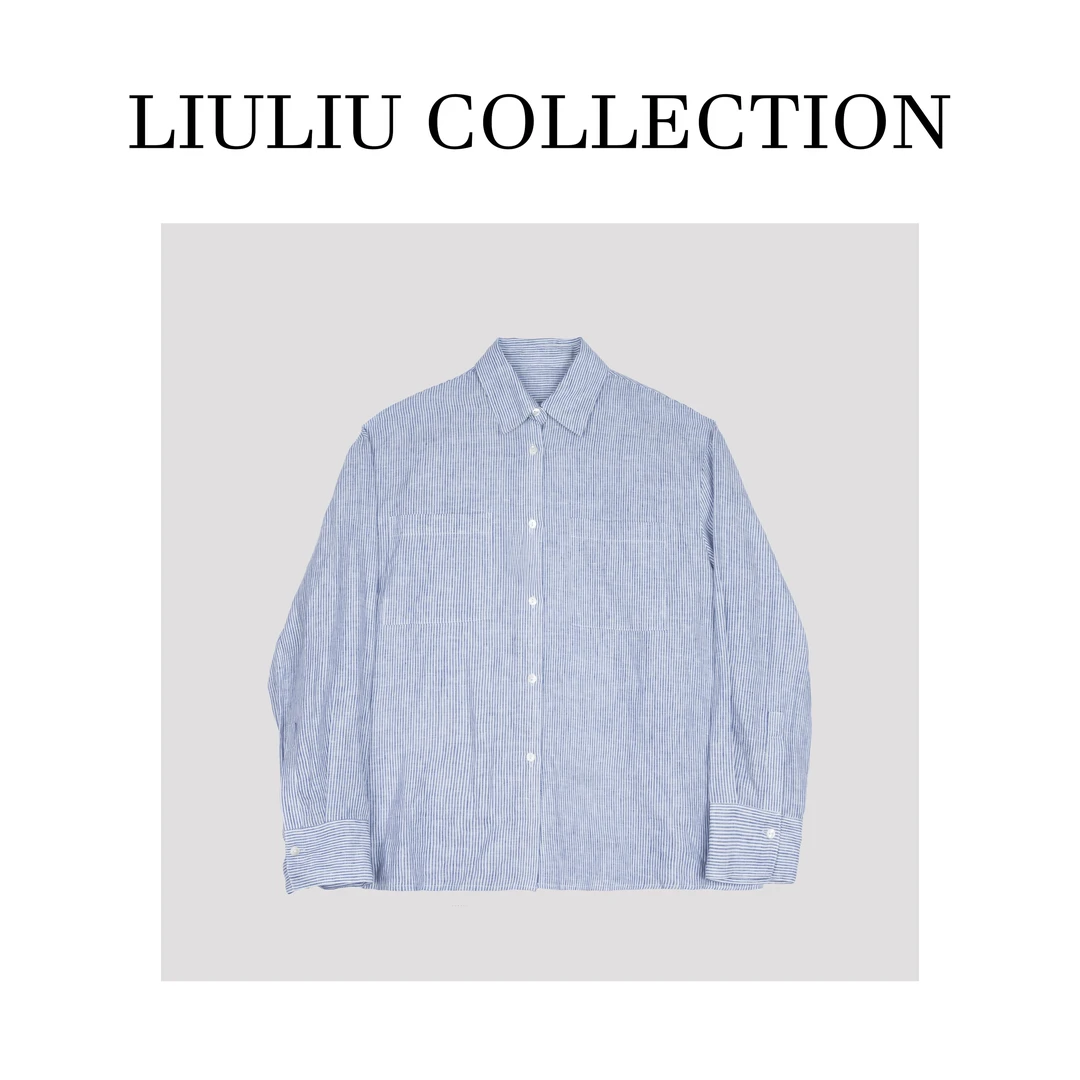 进口麻料 蓝白细条纹衬衫女上衣D59